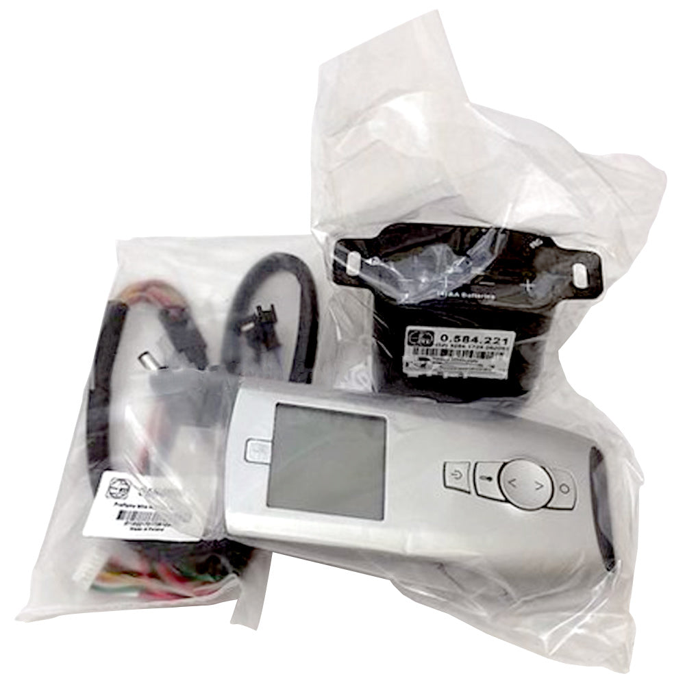 Variable flame remote control with LCD screen and buttons, wrapped in plastic bag