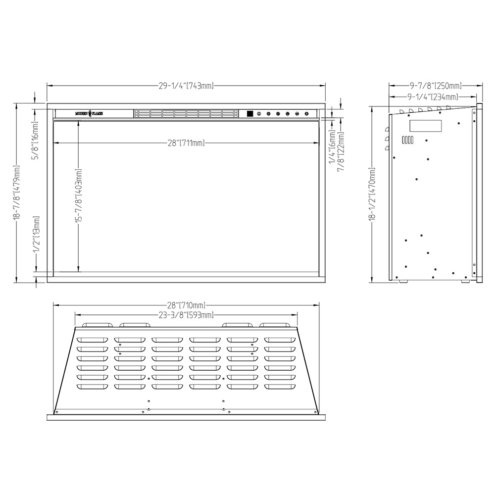 26-inch built-in electric fireplace with front control panel and venting openings