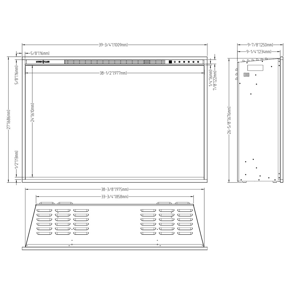 Electric fireplace insert with top control panel and ventilation slots