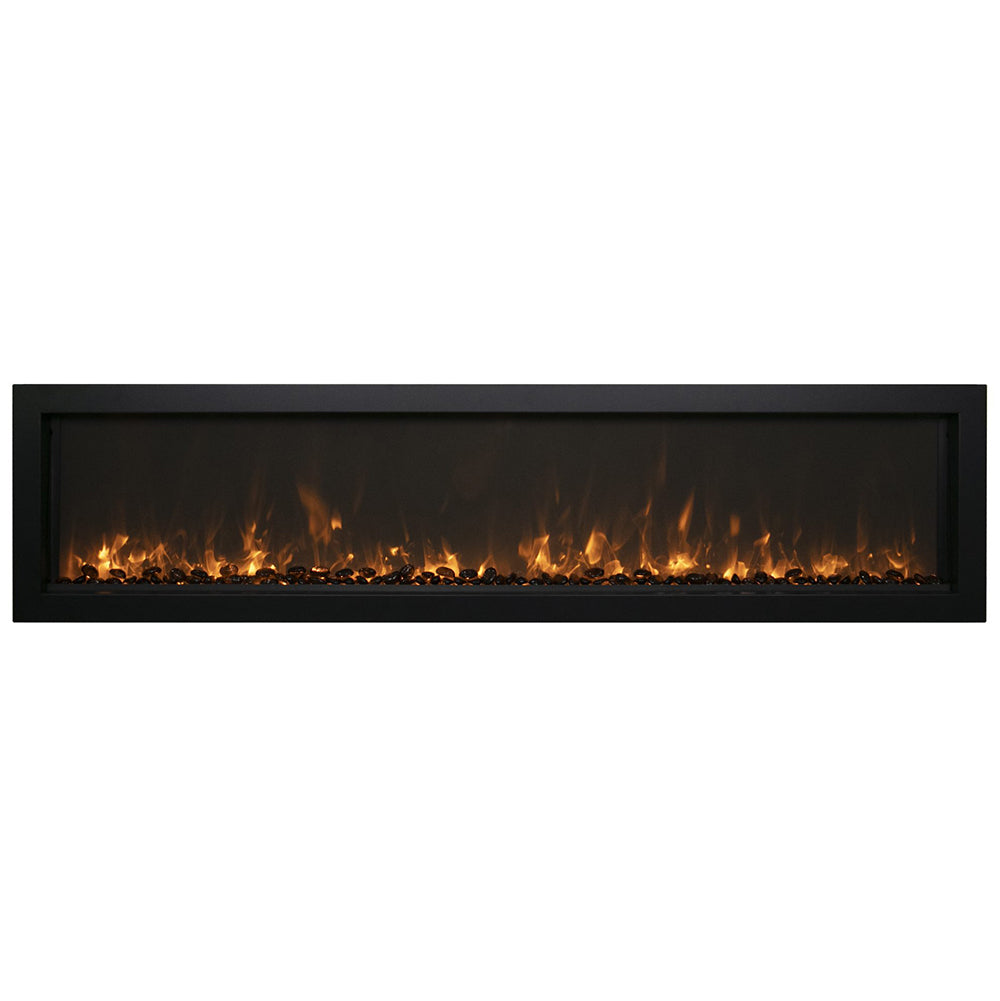 Slim electric fireplace insert with black steel surround and glowing ember flame bed