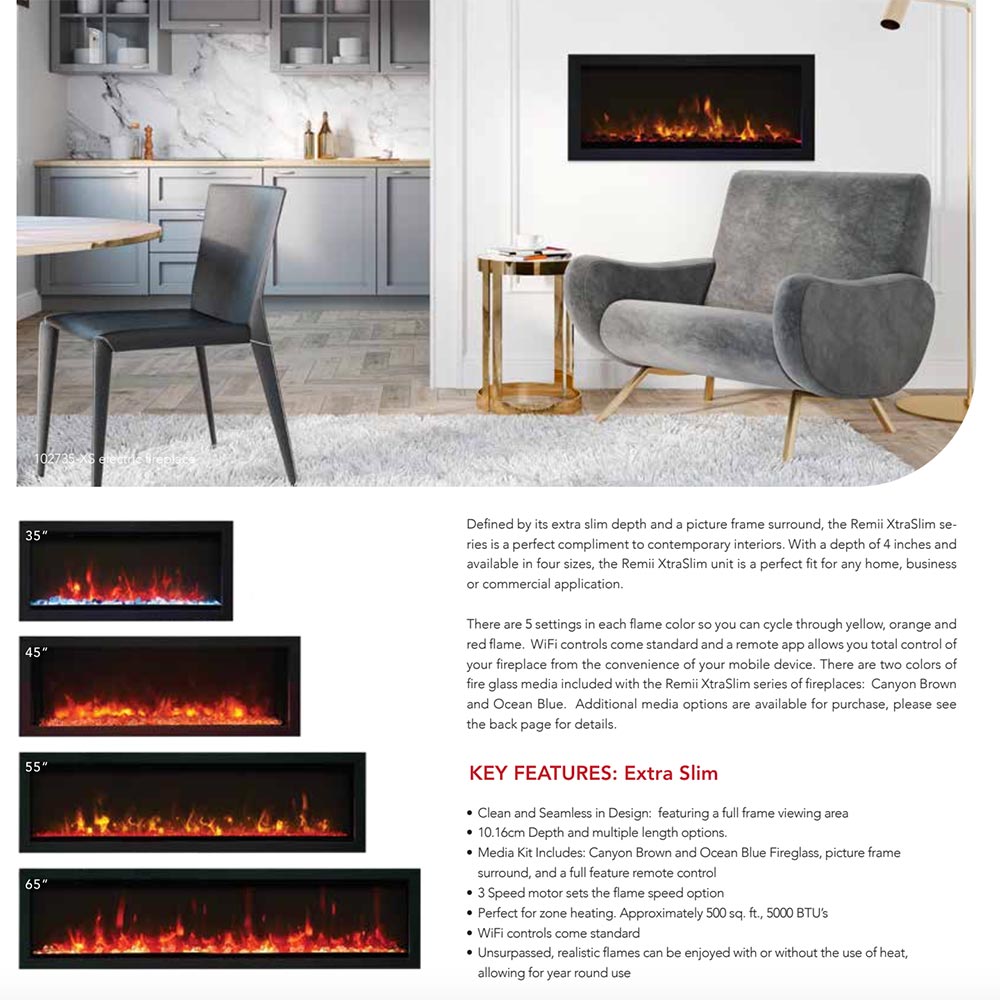 Built-in electric fireplace with black surround in a bright modern living space
