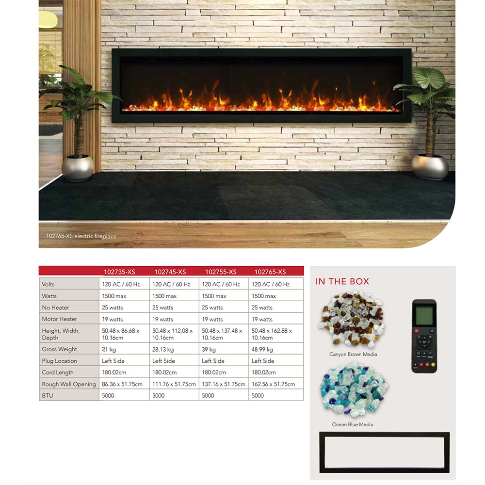 Built-in electric fireplace with black surround on stone wall with remote control