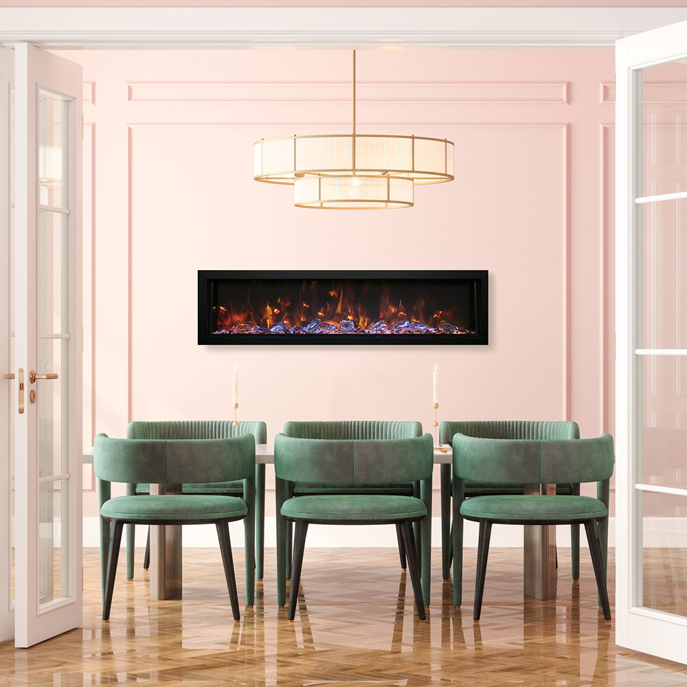 Built-in electric fireplace with black surround and flame display in dining room