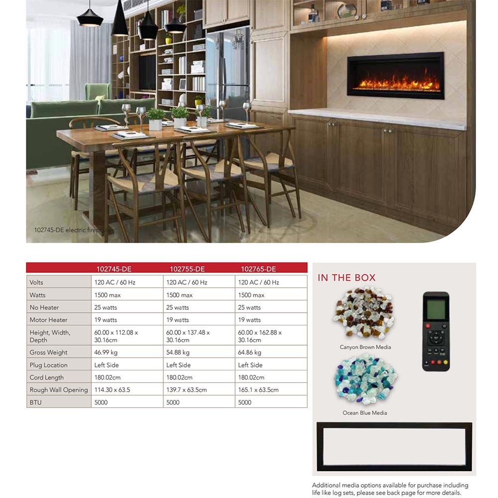 Built-in electric fireplace with black surround in modern kitchen living space