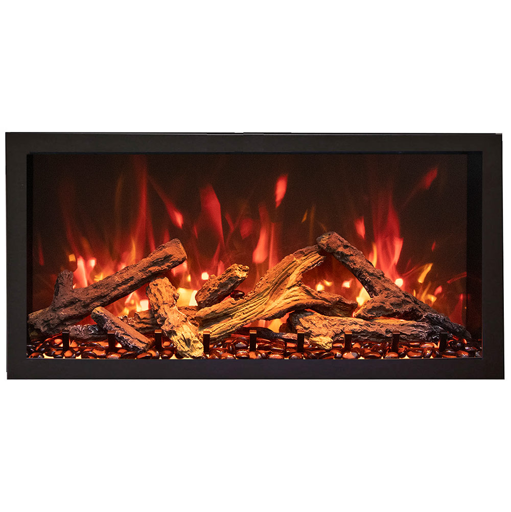 Built-in electric fireplace insert with black surround and glowing flame effect