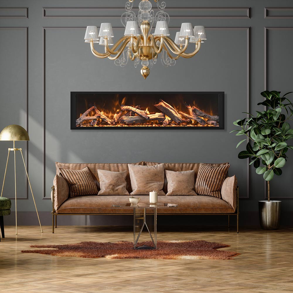 Built-in electric fireplace with black frame and burning log-style flame effect