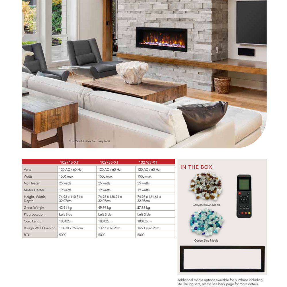 Electric fireplace with specs and included remote control shown in product layout