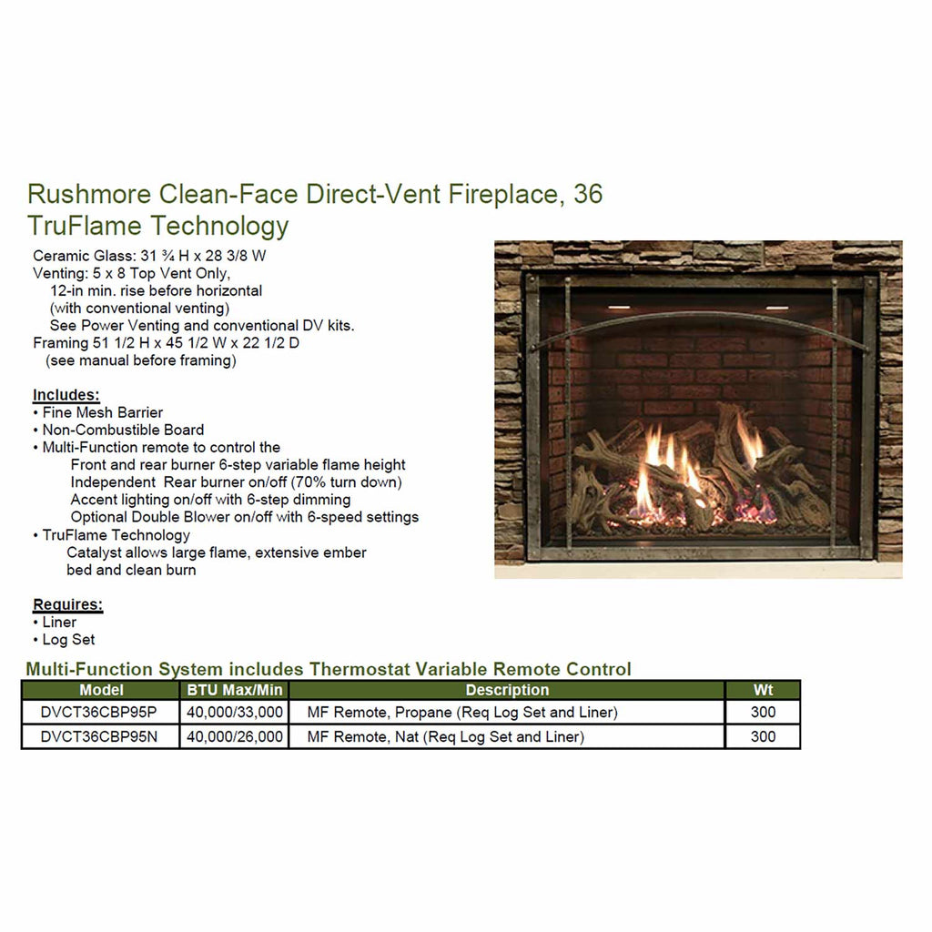 Direct-vent fireplace with burning logs beside a multi-function system specifications table
