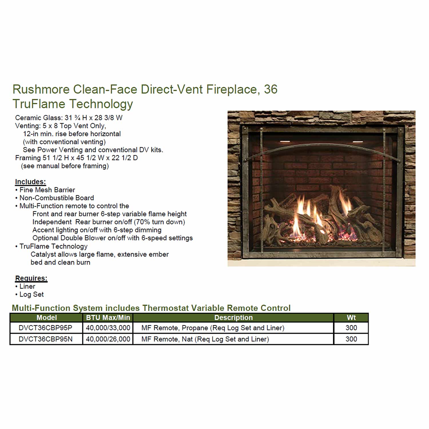 Direct-vent fireplace with burning logs beside a multi-function system specifications table