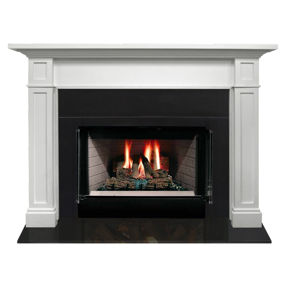 White flush wood fireplace mantel with glass-front firebox and burning logs