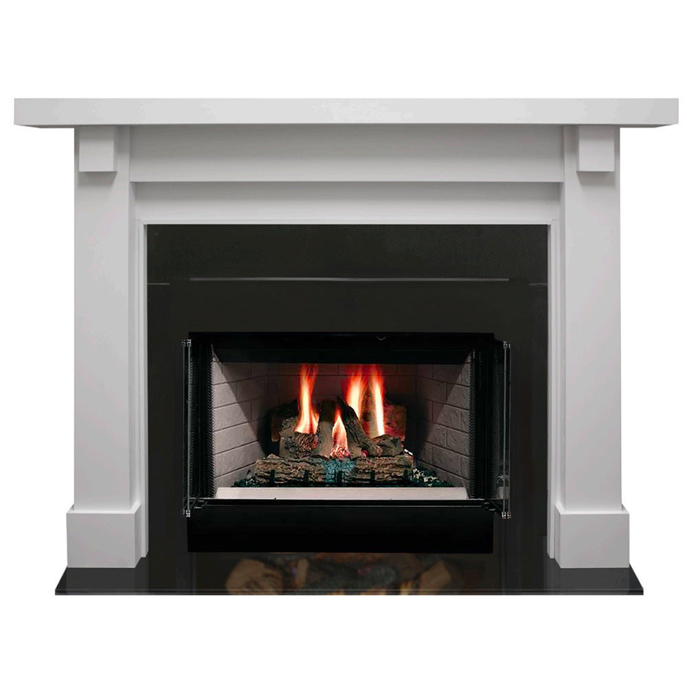 White wood fireplace mantel with open firebox, black firebox frame and burning logs