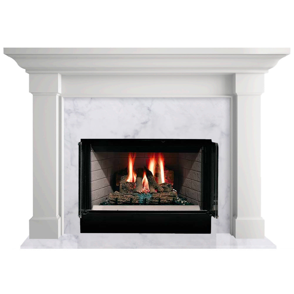White flush wood fireplace mantel with glass firebox showing burning logs