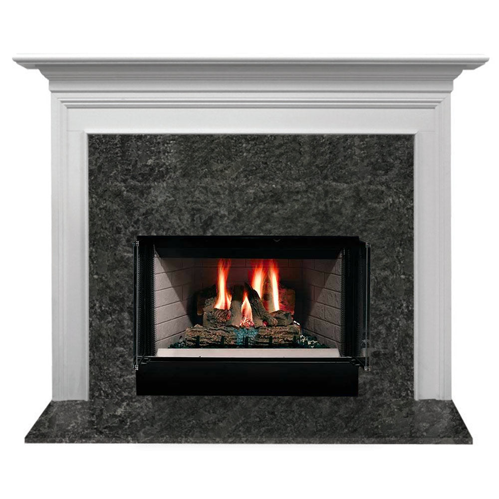 White wood burning fireplace with Richland flush mantel and black firebox, burning logs