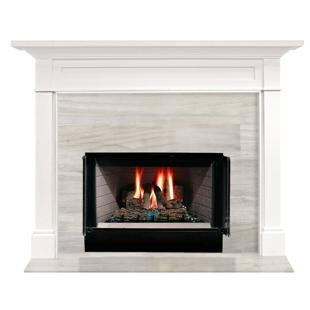 White wood-burning fireplace with flush mantel, black firebox, burning logs