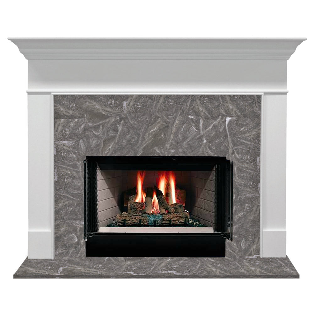White flush wood mantel fireplace with gray stone surround and burning logs in black firebox