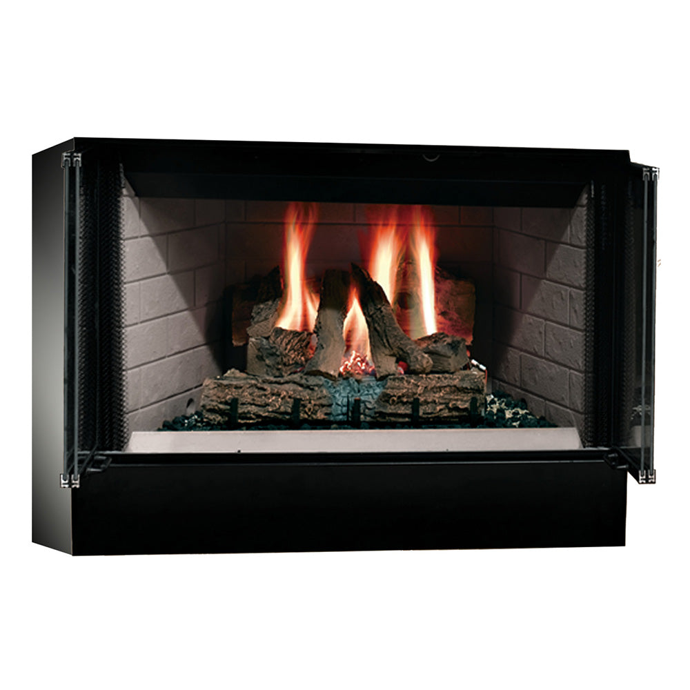 Black wood burning fireplace with open firebox and burning logs