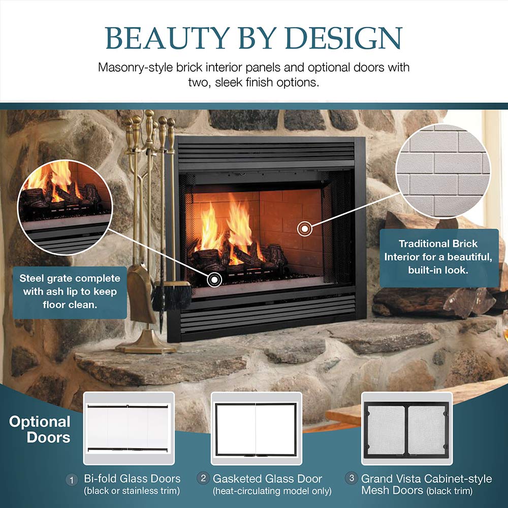 Wood burning fireplace with masonry-style brick interior and optional door illustrations