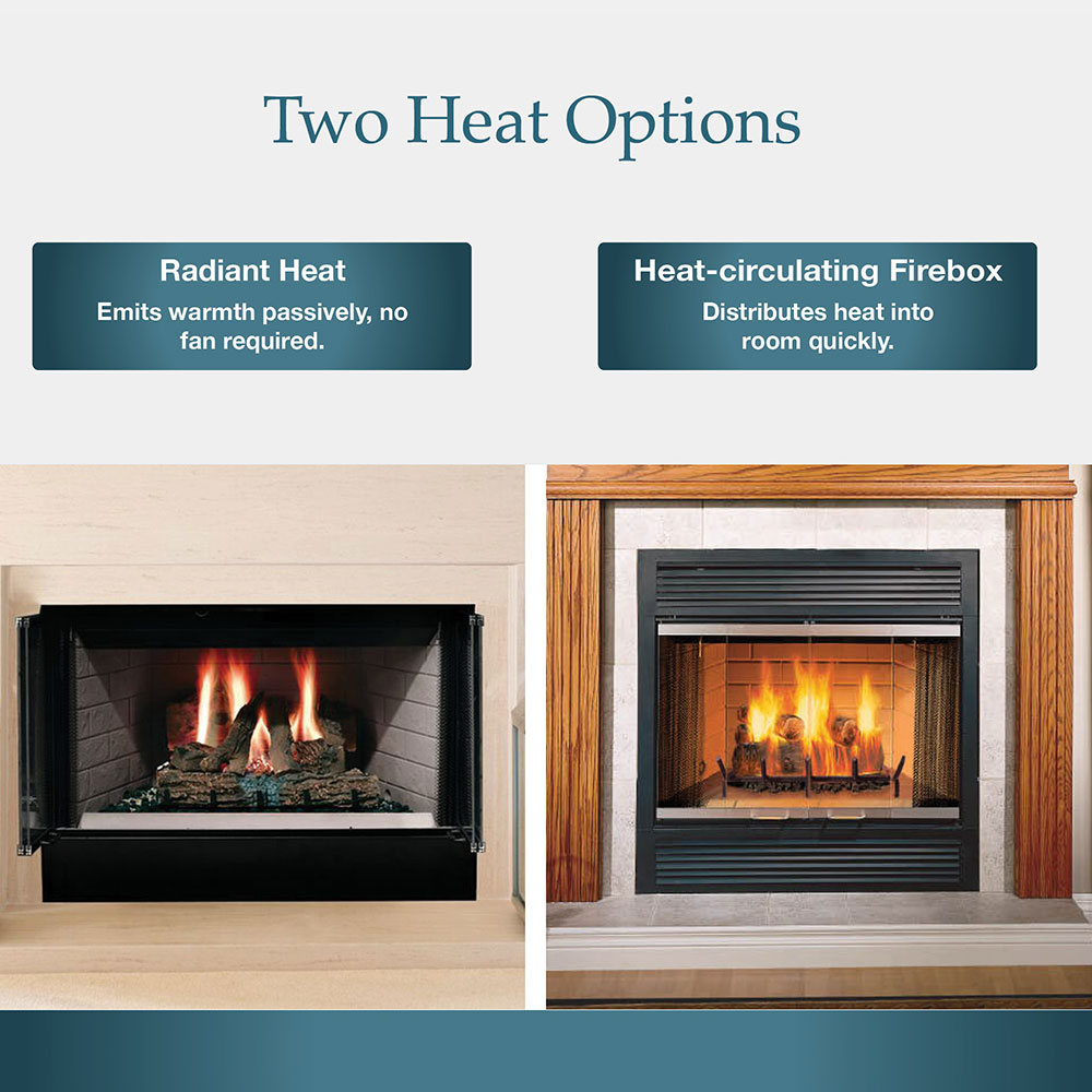 Wood burning fireplace graphic showing radiant and heat-circulating heat options