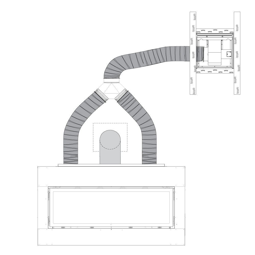 Flex vent kit diagram with gray ducts connecting to a fireplace opening