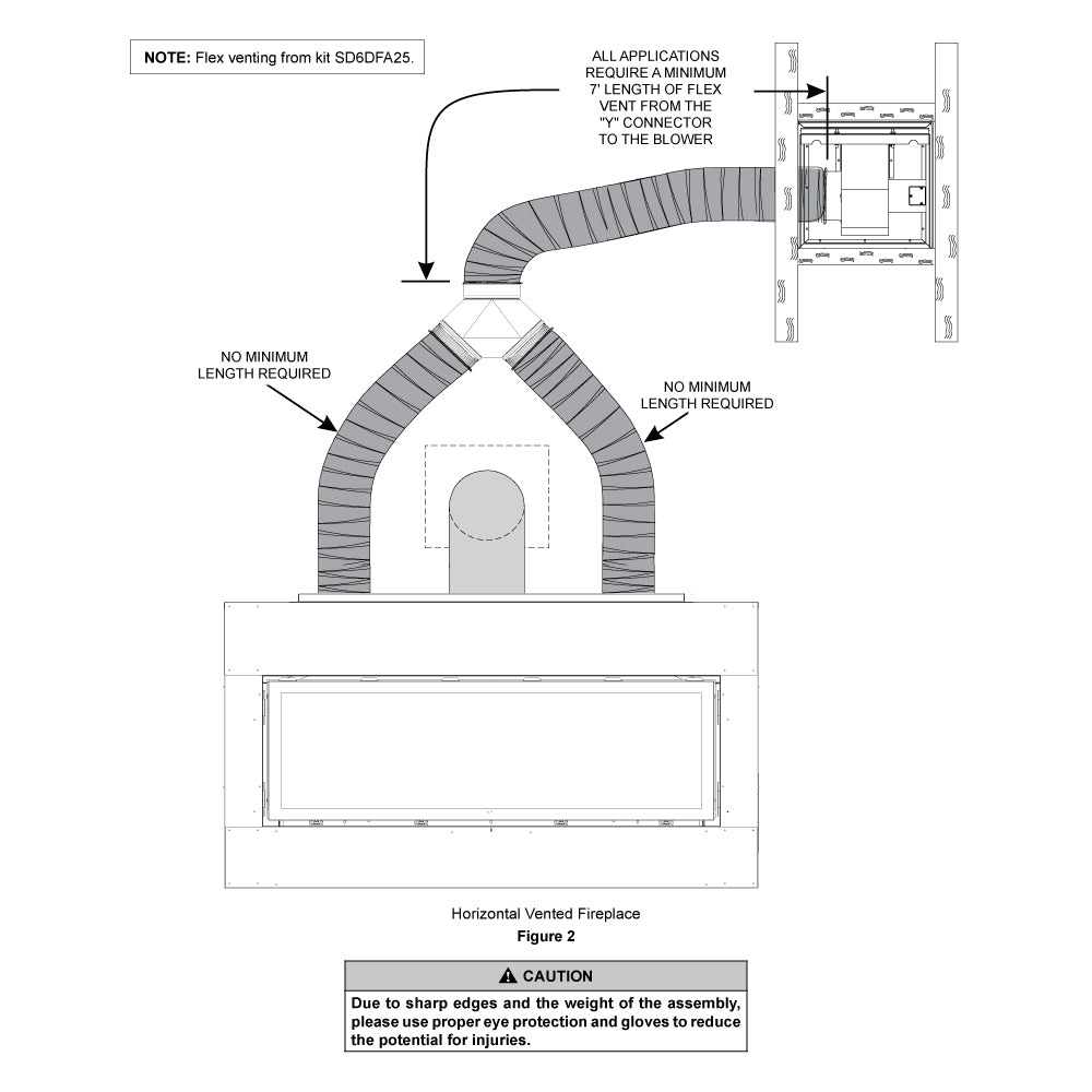 Horizontal vented fireplace layout with flex vent routing and blower connection