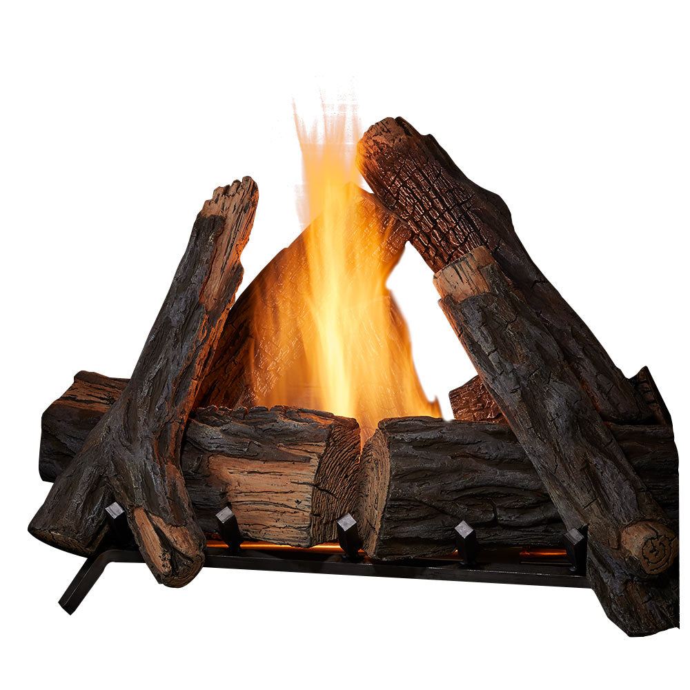 Decorative gas fireplace log set with glowing flames and charred wood pieces