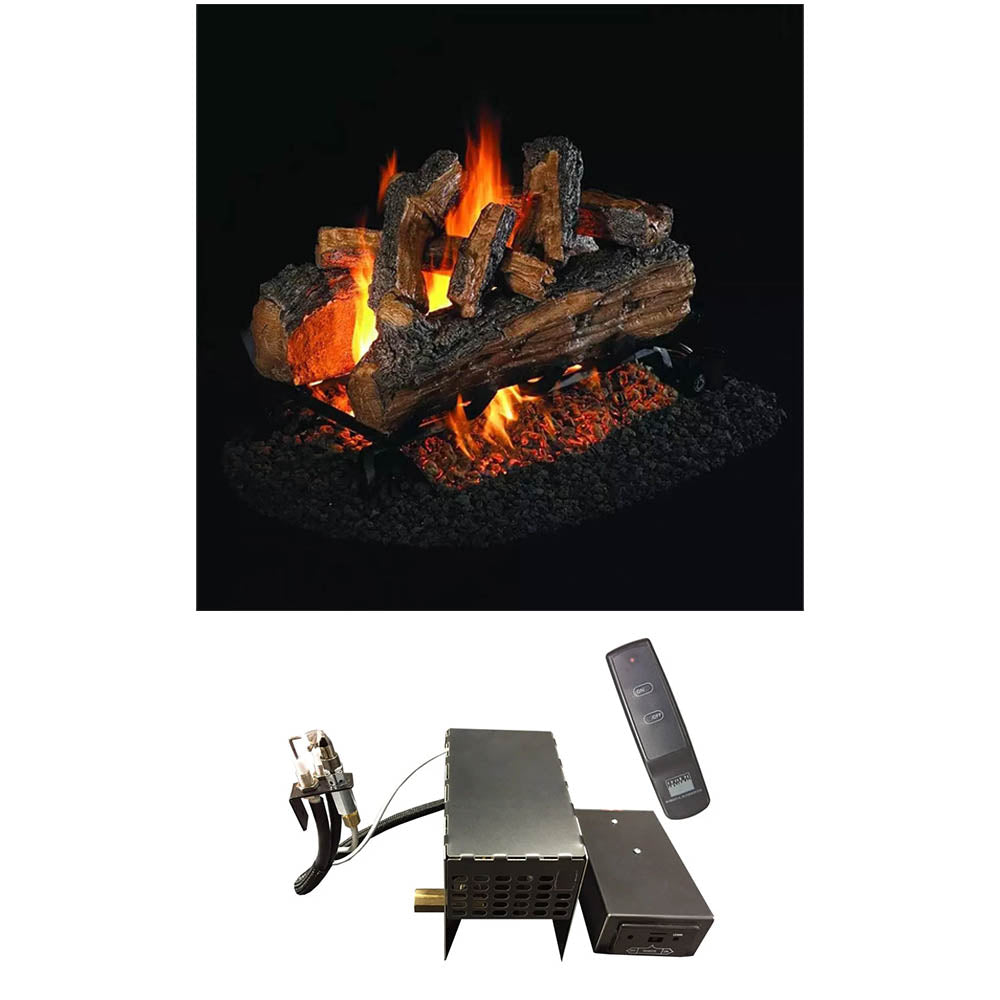 Real Fyre double-sided vented gas log set with split oak logs, flames, remote control
