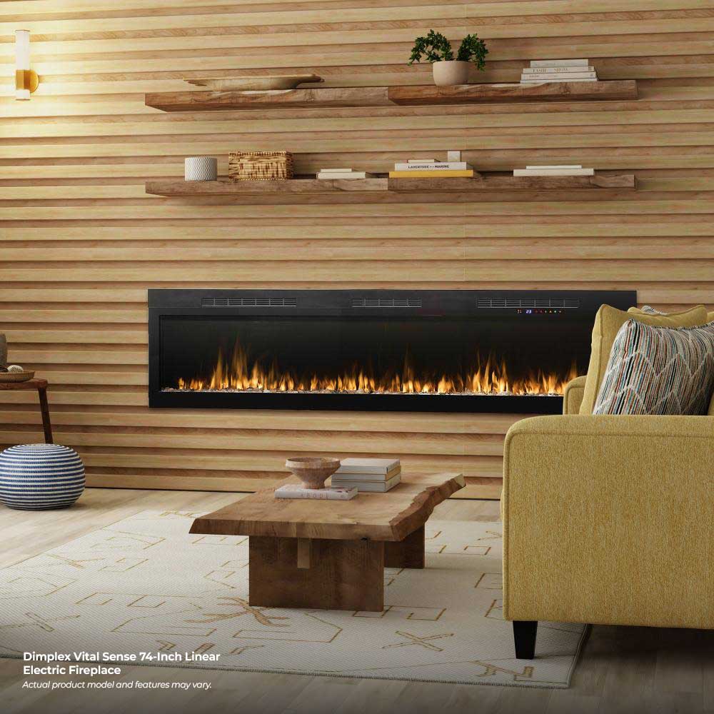 Black linear electric fireplace with visible flame effect and ember bed, wall-mounted
