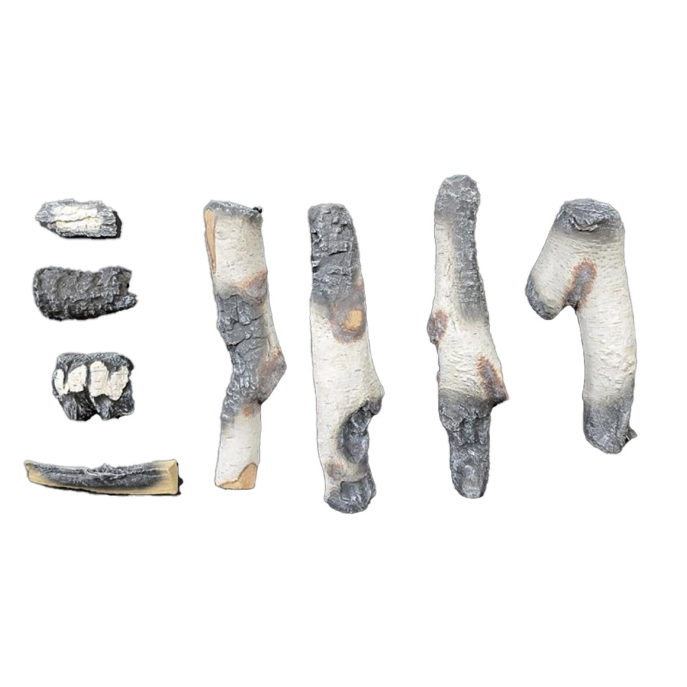 Glowing birch log set with several white-gray log pieces
