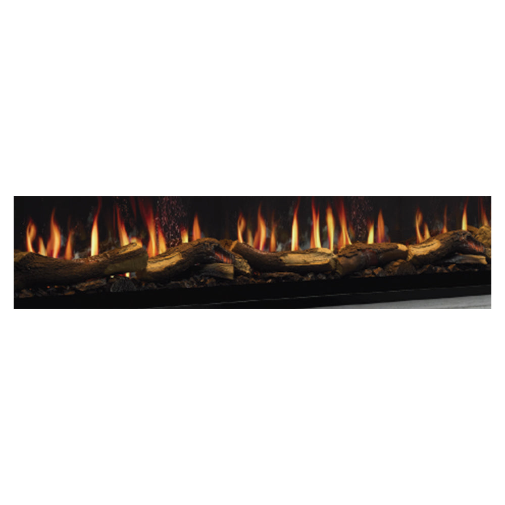 Glowing birch logs in a fireplace with visible flames along the back