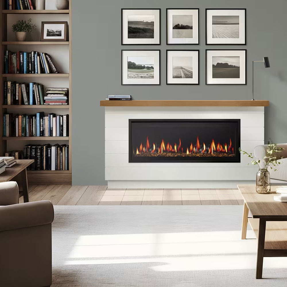 Modern farmhouse electric fireplace with wood mantel, white surround, and glowing flame window