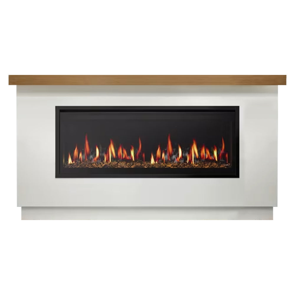 White mantel electric fireplace with black firebox and orange flame display, wood top