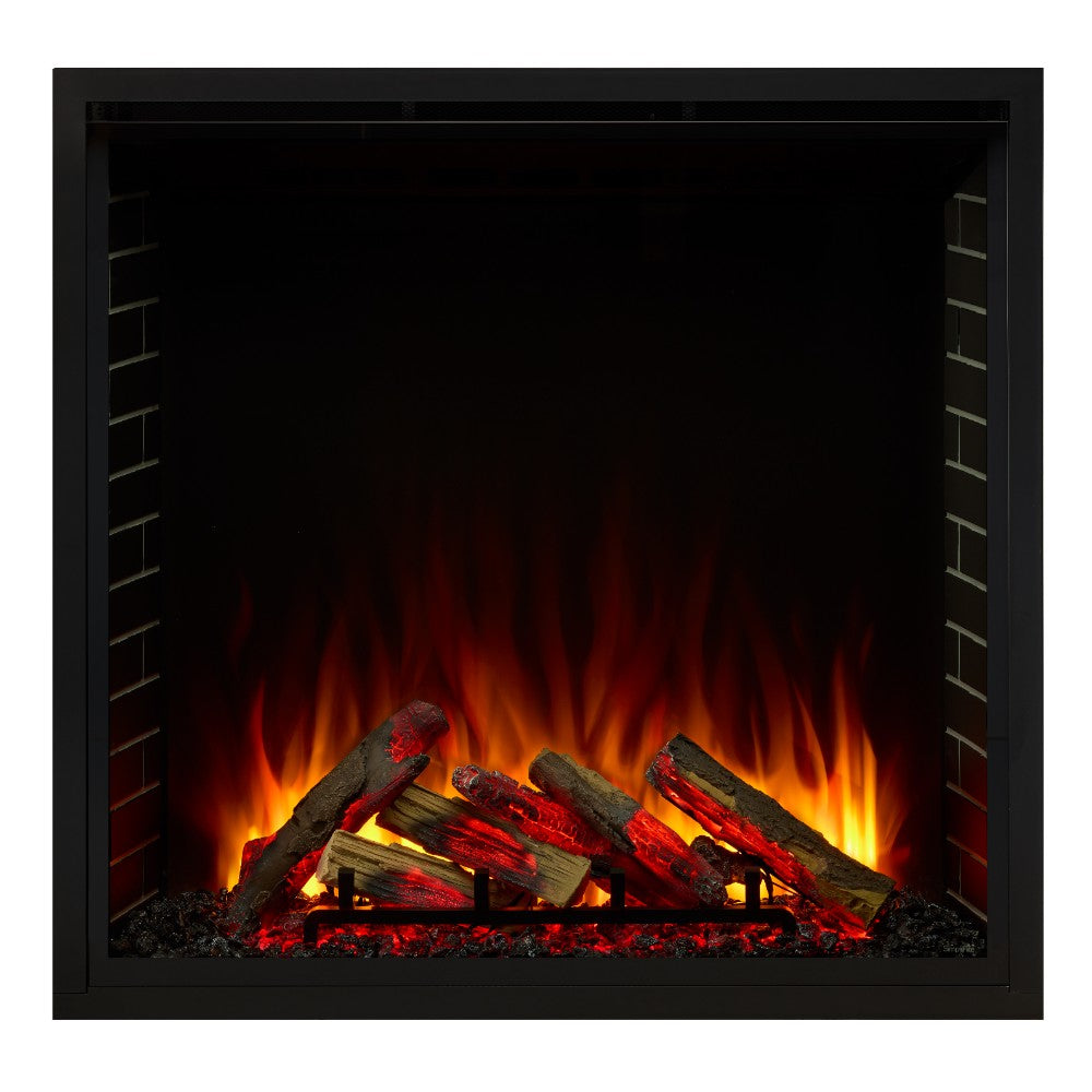 Built-in electric fireplace with black frame and glowing timber log flame effect