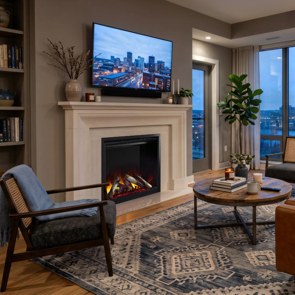 Built-in electric fireplace with black insert and glowing ember flame effect in white mantel