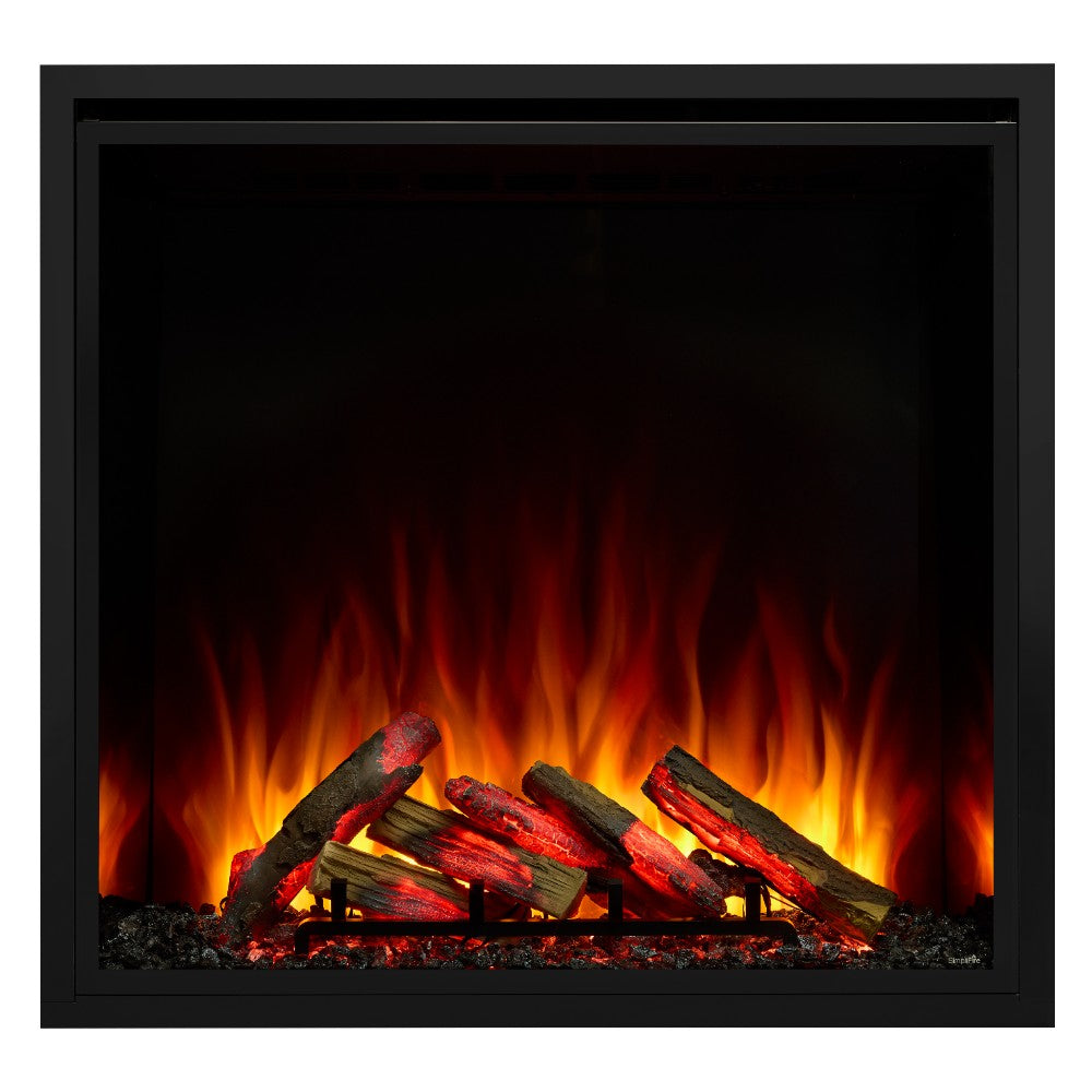 Black glass fireplace insert with glowing flames and firewood logs behind tempered frame