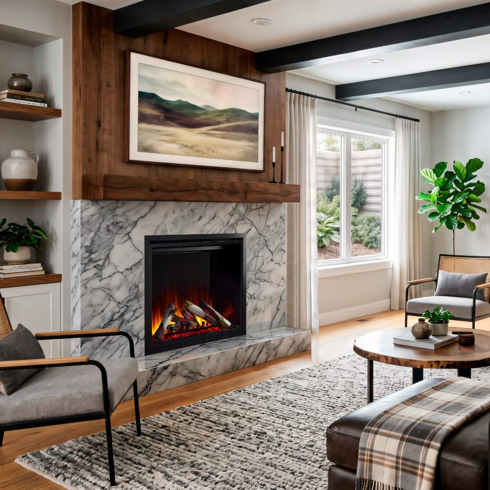 Built-in electric fireplace with black firebox and glowing flames in marble surround