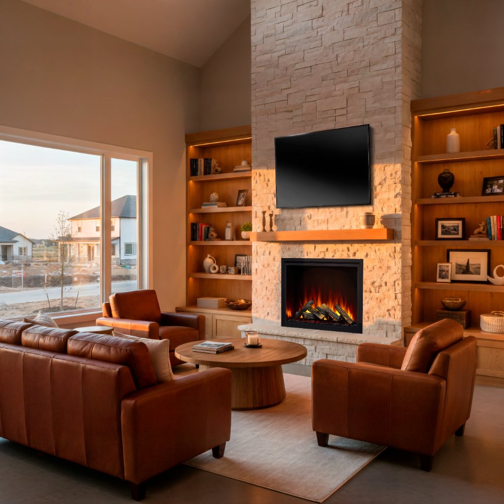 Built-in electric fireplace with black frame and glowing orange flame effect in stone wall