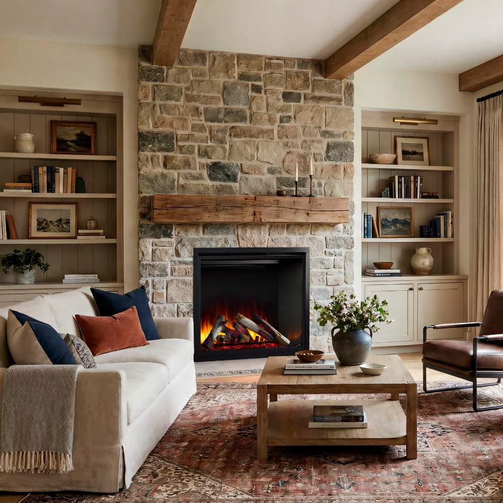 Built-in electric fireplace with black glass front and glowing flames in stone surround