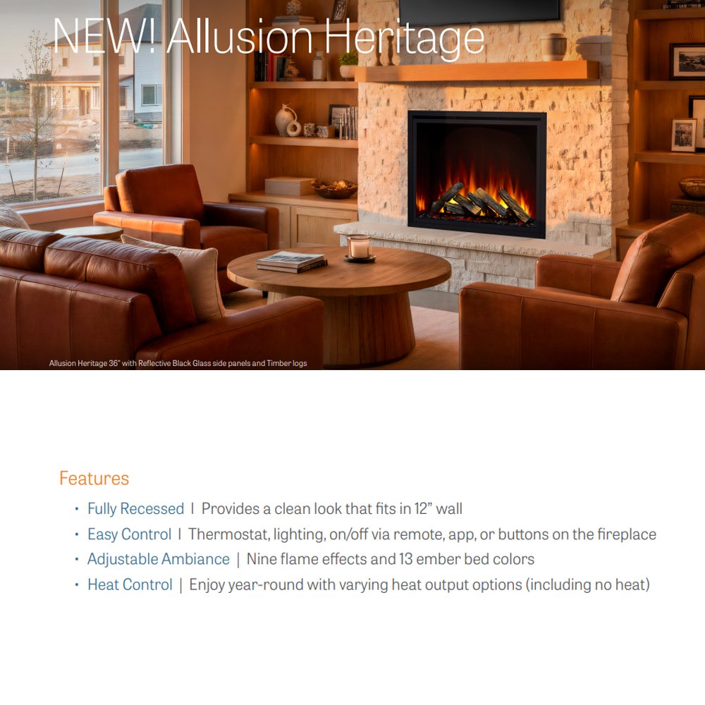 Electric fireplace marketing graphic showing stone surround with glowing flames in living room