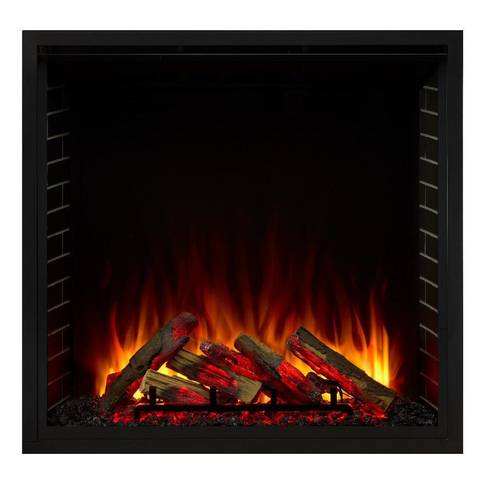 Built-in electric fireplace close-up with black surround, flames, and ember bed logs