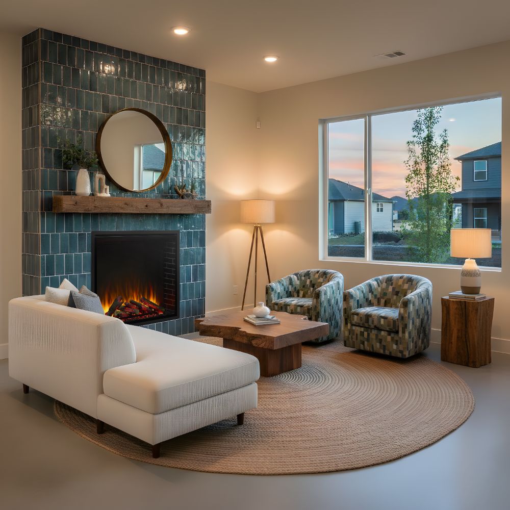 Built-in electric fireplace with black frame and flame logs in a tiled mantel
