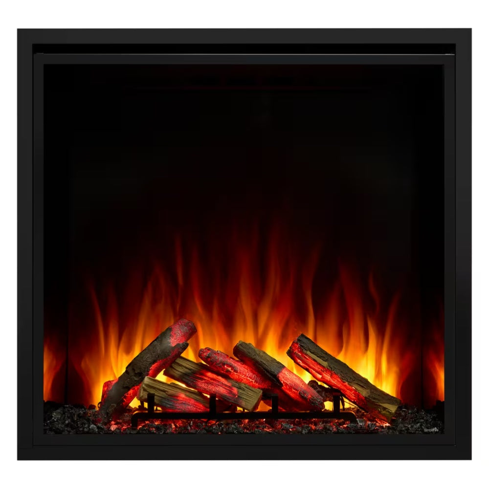 Rectangular black-framed fireplace glass with reflective panel and flames over logs