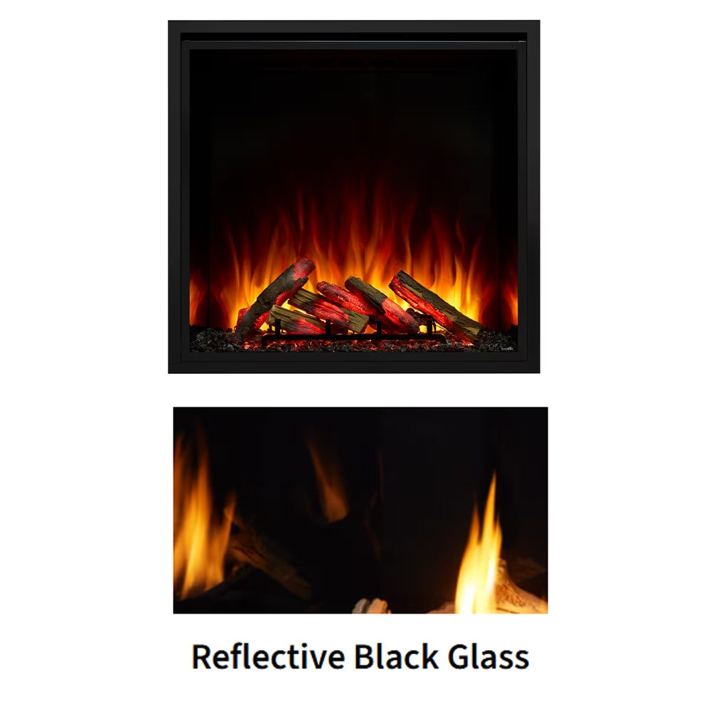 42-inch fireplace glass kit with reflective black panel and burning firewood logs