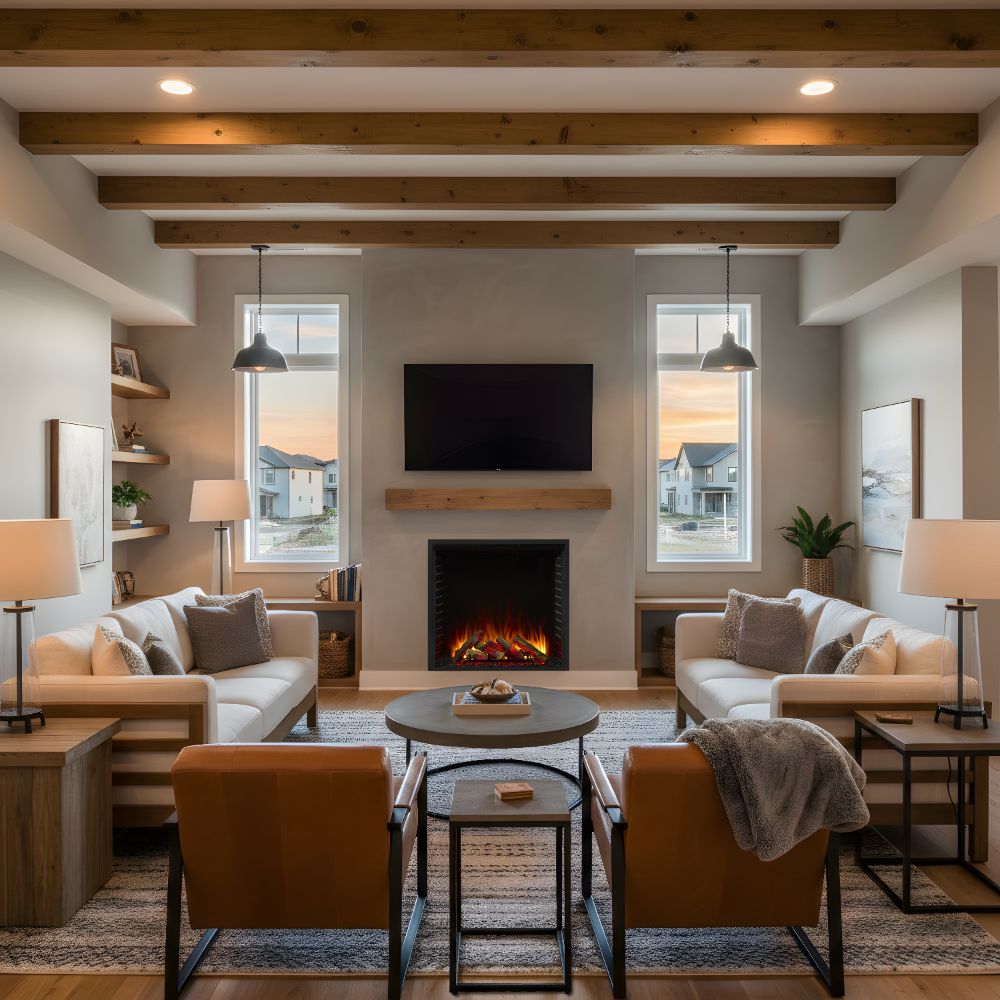 Built-in electric fireplace with black glass front and visible flame logs
