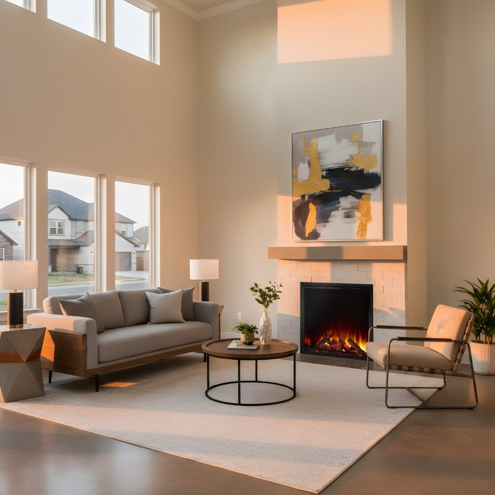 Built-in electric fireplace with stone surround, black frame, and flame logs