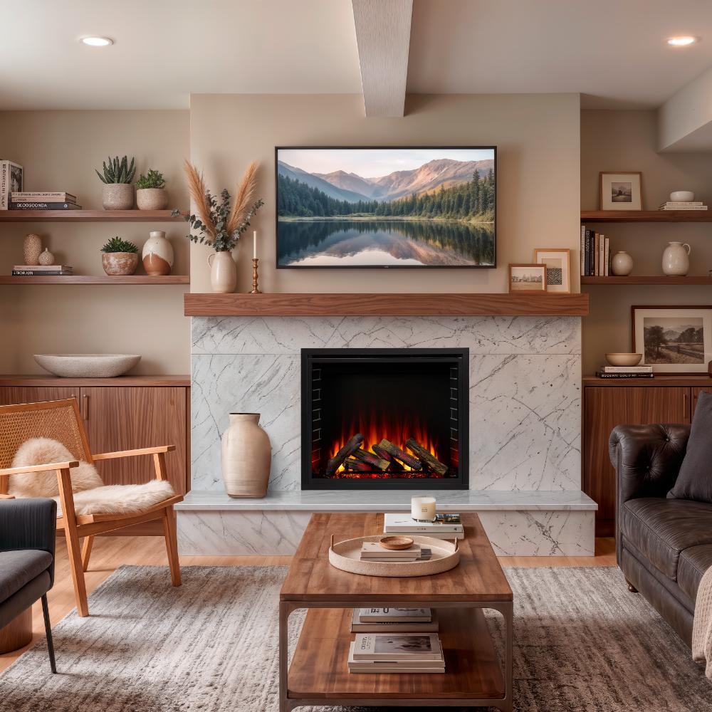 Built-in electric fireplace with marble surround, black glass frame, and flame logs