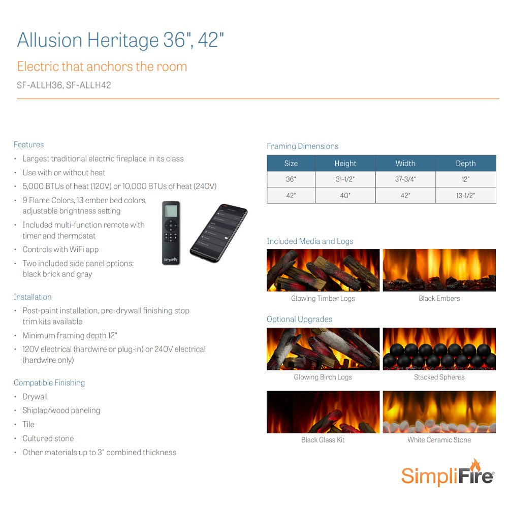 Electric fireplace product graphic showing dimensions and included media icons