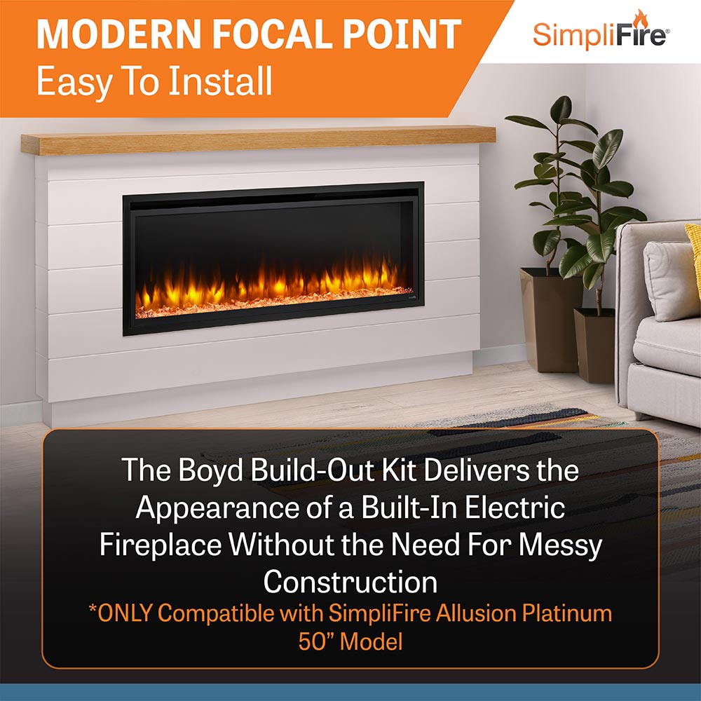 Simplifire 50-Inch Allusion Platinum Linear Electric Fireplace with Modern Farmhouse Boyd Build-Out Mantel Package