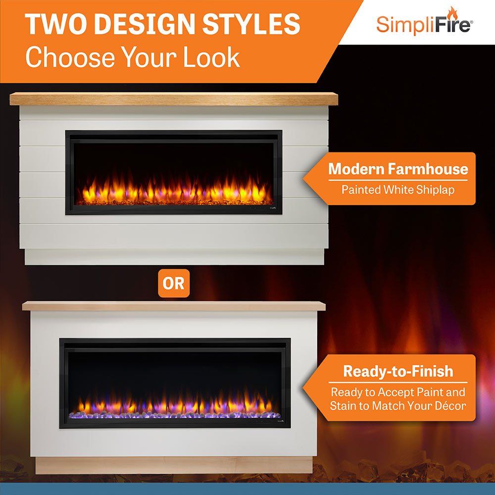 Simplifire linear electric fireplace mantel with white shiplap surround and wood top shelf