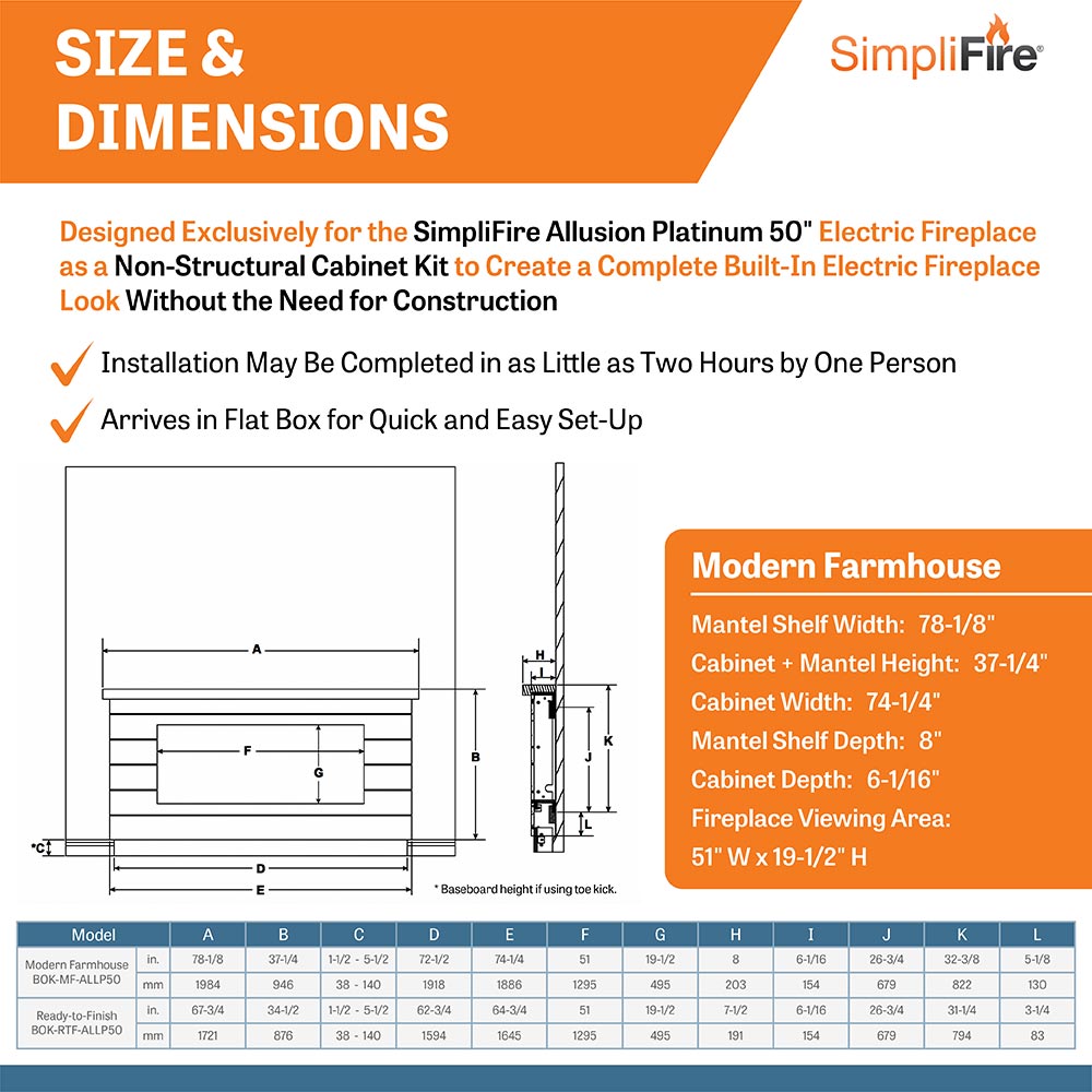 Simplifire 50-Inch Allusion Platinum Linear Electric Fireplace with Modern Farmhouse Boyd Build-Out Mantel Package