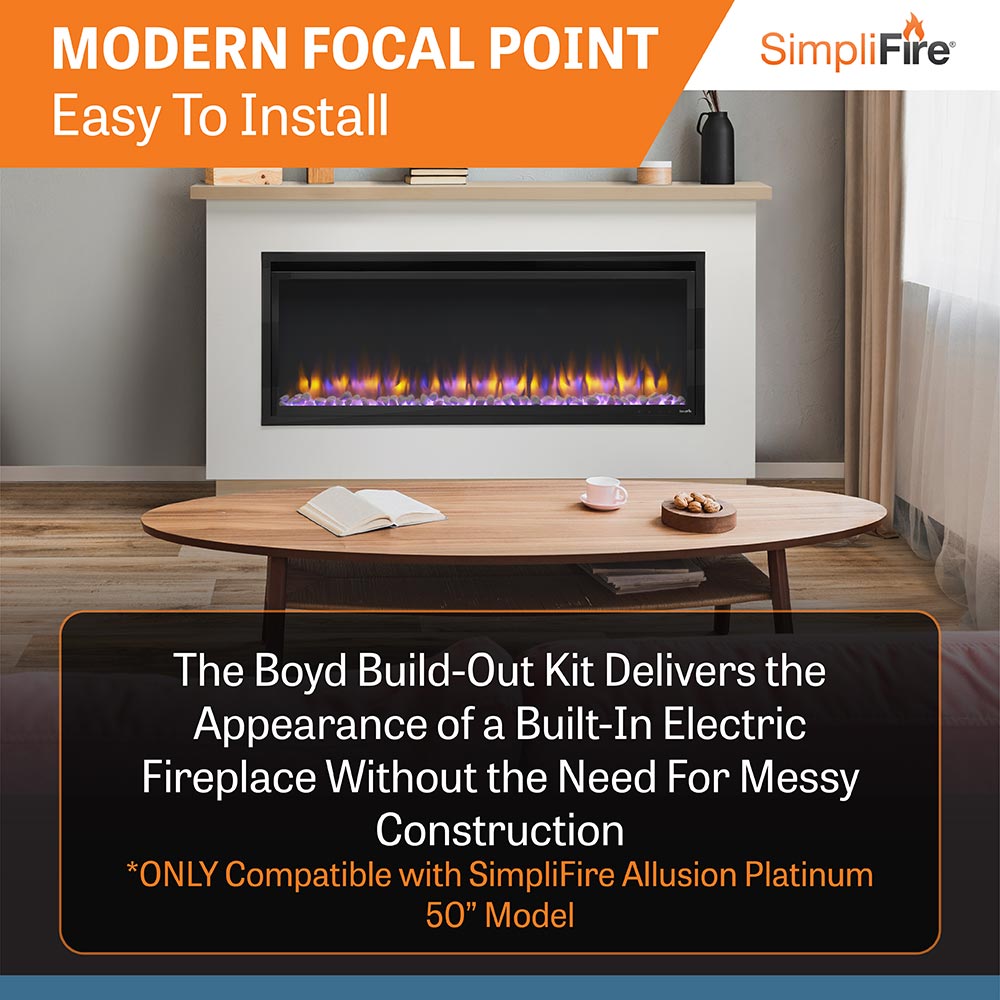 Simplifire 50-Inch Allusion Platinum Linear Electric Fireplace with Ready-to-Finish Boyd Build-Out Mantel Package